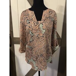 The Limited Paisley Pastel Blouse XS V NECK Green-Blue Pink Roll Tab Sleeve